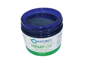 Nature's Salves Fully Ozonated 100% Organic Cold Pressed Unrefined HEMP SEED OIL open jar