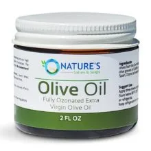 Nature's Salves Fully Ozonated 100% Organic Cold Pressed Unrefined Olive Oil - 2 Oz. Glass Jar with White Metal Lid Closure