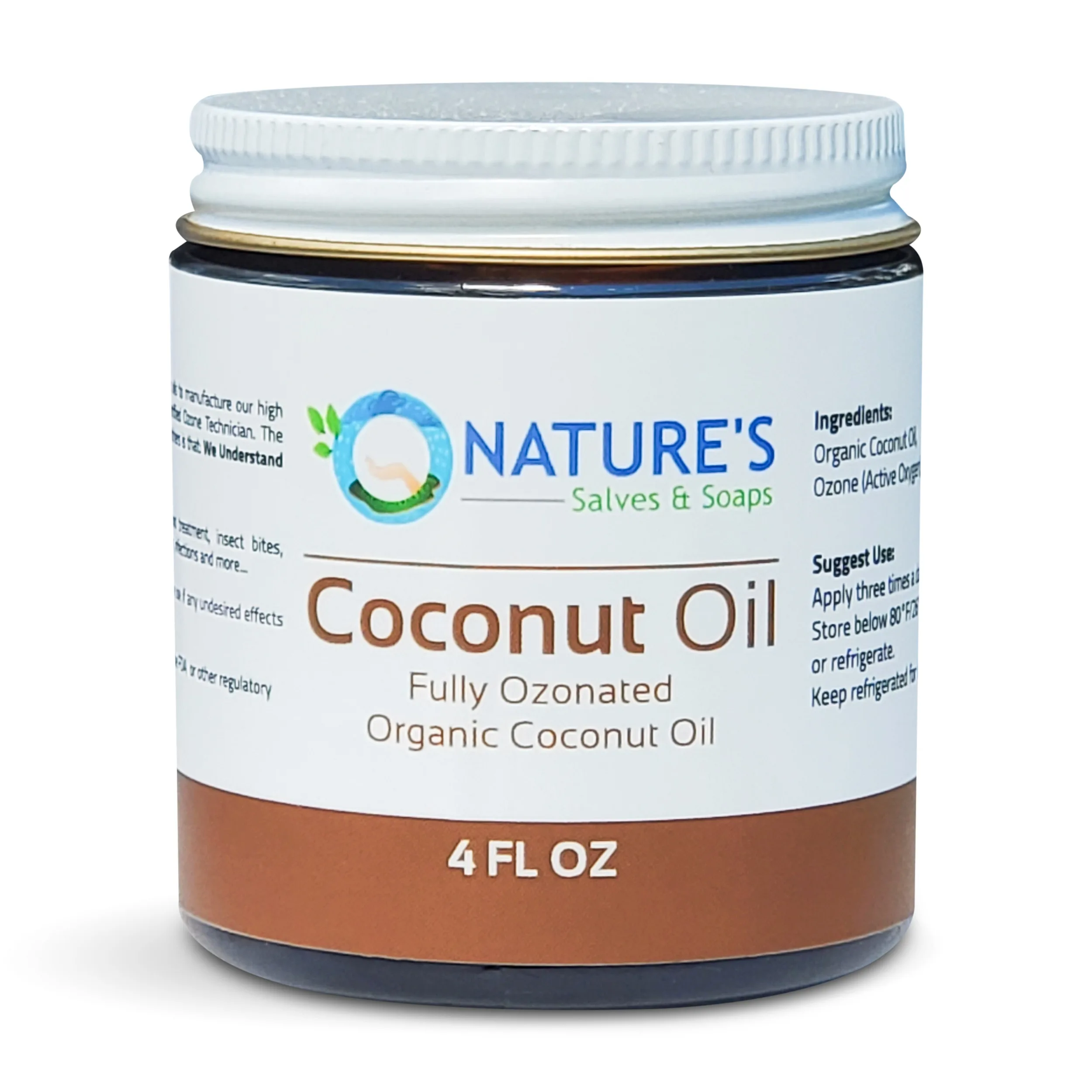 Nature's Salves & Soaps Fully Fully Ozonated 100% Organic Cold Coconut Oil - 4 Oz. Glass Jar with White Metal Lid Closure