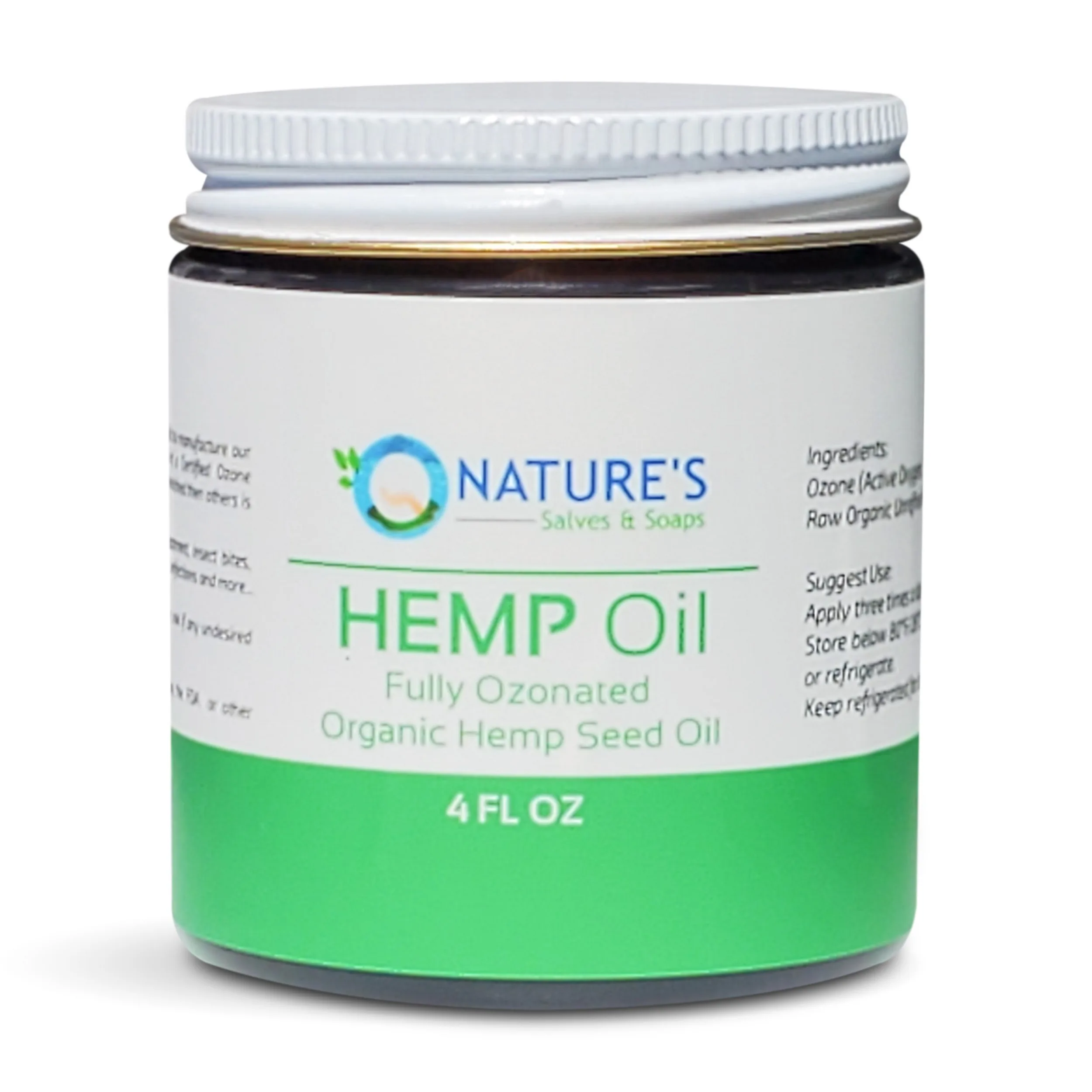 Nature's Salves & Soaps Fully Fully Ozonated 100% Organic Cold Hemp Seed Oil - 4 Oz. Glass Jar with White Metal Lid Closure