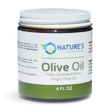 Nature's Salves Fully Ozonated 100% Organic Cold Pressed Unrefined Olive Oil - 4 Oz. Glass Jar with White Metal Lid Closure
