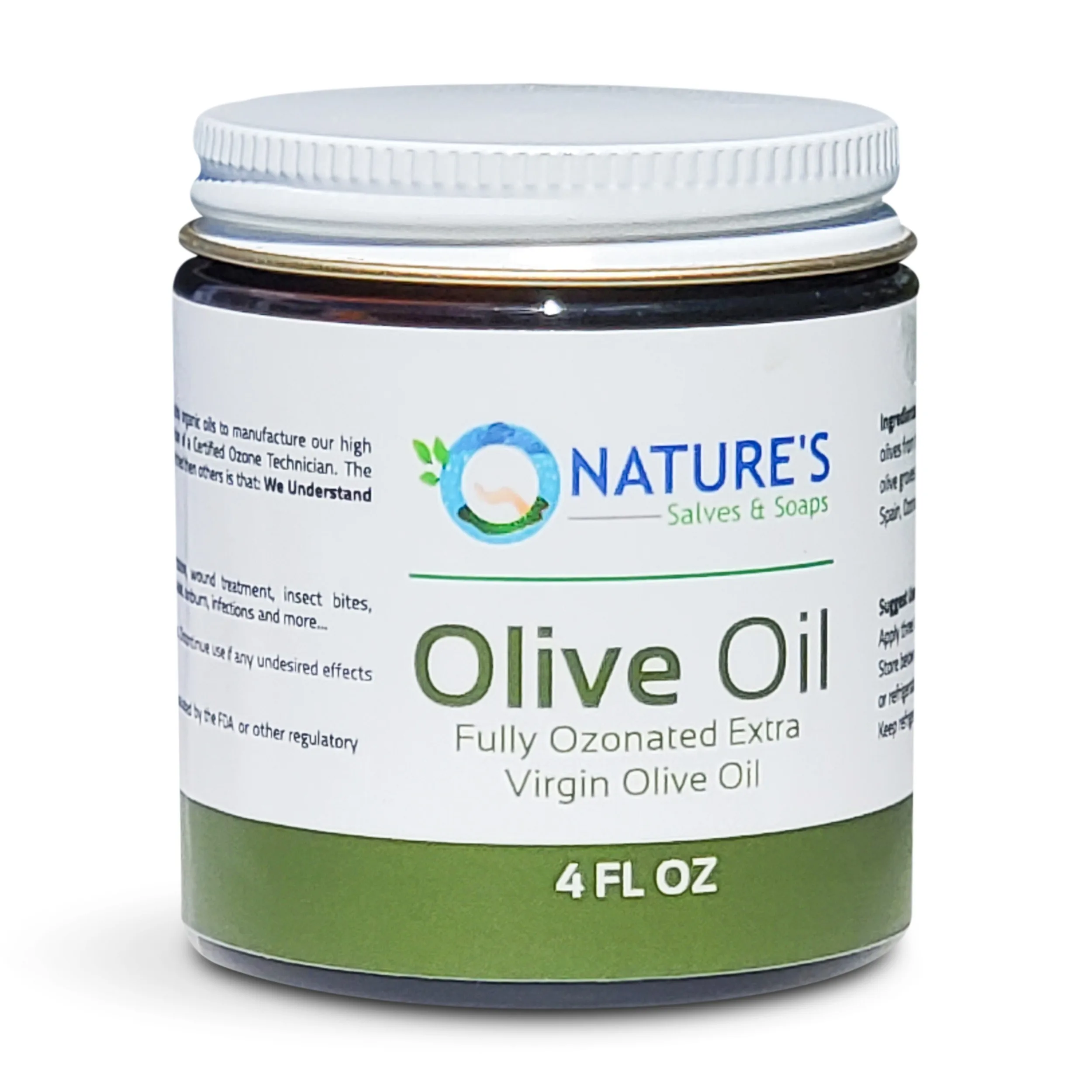 Nature's Salves Fully Ozonated 100% Organic Cold Pressed Unrefined Olive Oil - 4 Oz. Glass Jar with White Metal Lid Closure